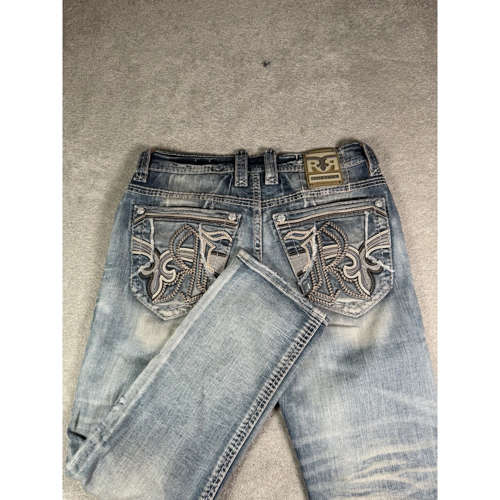 Rock Revival Jaylon Straight Jeans Men's 33** Blue Distressed Embroidered Y2K